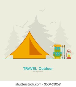 Illustration Travel Camping Background with Tourist Tent, Backpack, Lantern and Trekking Pole - Vector