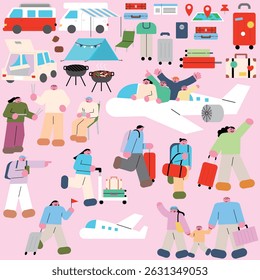 Illustration of travel, camping-related objects and people