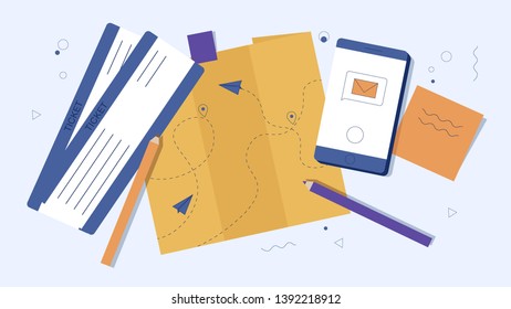 An illustration of a travel composition with isolated elements. Vector design for a banner or a flyer.