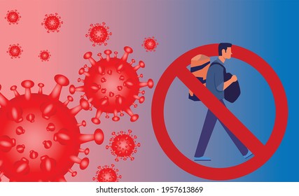 illustration of travel during a pandemic. People on holiday with the prohibition sign and the coronavirus. Protection while on vacation. Canceling homecoming during Ramadan