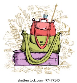 illustration of travel element doddle around luggage