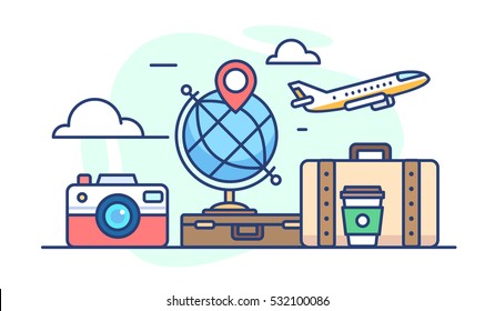 illustration of travel. Globe with pin, camera, bags of coffee and the plane in the clouds on a white background in flat style