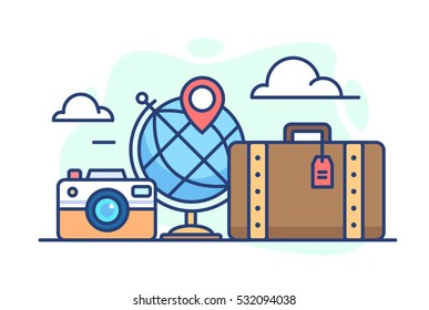 illustration of travel. The globe with a suitcase and a camera on white background in flat style