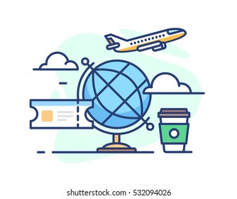 illustration of travel. Globe ticket, a plane in the clouds and coffee on white background in flat style