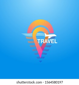 illustration for travel, holiday events, or promo tourism with the sunset on the beach, pin, and the airplane. also can be indentity app travelling.