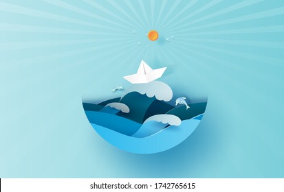 Illustration of travel in holiday summer season sunlight circle concept. Paper cut style.Vacation summertime idea pastel background,Sea wave view with paper boat landscape. Dolphins jumping joyfully