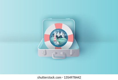 Illustration travel holiday with swim ring in suitcase concept,Graphic design for summer season paper cut and craft style,summertime idea pastel color background,Creative design sea view ocean.Vector