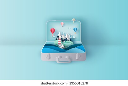 Illustration of travel in holiday vacation summer season suitcase concept.Graphic design for paper cut,craft style.summertime idea pastel color background.Sea view landscape Island relaxation. Vector