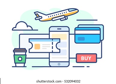 illustration of travel. Icon aircraft, ticket, coffee, cloud, credit card on white background in flat style