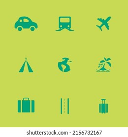 Illustration of travel icons car, train, plane, tent, globe, sea, island, suitcase, road, luggage