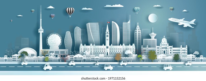 Illustration travel landmarks architecture Canada in toronto famous with social city downtown. Tour ontario with panorama popular capital with paper cut and paper art, origami, Vector illustration.