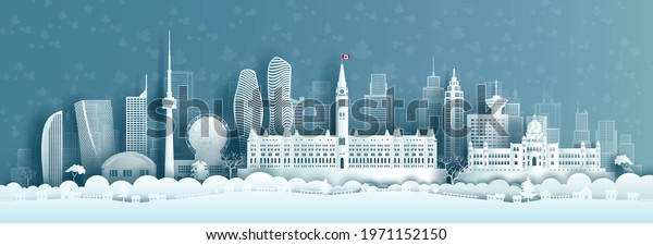 Illustration travel landmarks architecture\
Canada in toronto famous city. Canadian on maple leaves background.\
Tour ontario with panoramic popular capital by paper origami,\
Vector\
illustration.