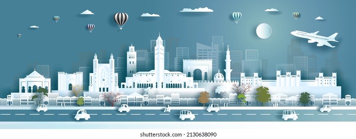 Illustration travel landmarks architecture Morocco in marrakech, koutoubia famous with social city downtown. Tour Morocco with panorama popular capital with paper cut and paper art, origami.