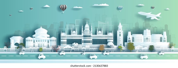 Illustration travel landmarks architecture Romania in Bucharest famous palace city downtown. Tour bucharest with panorama popular capital with paper cut and paper art, origami, Vector illustration.