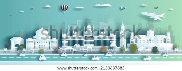 Illustration travel landmarks architecture\
Romania in Bucharest famous palace city downtown. Tour bucharest\
with panorama popular capital with paper cut and paper art,\
origami, Vector\
illustration.