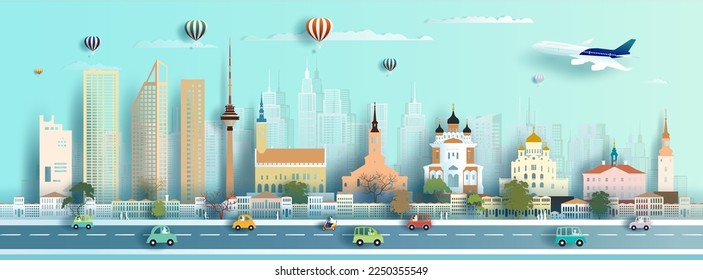 Illustration travel landmarks Estonia architecture monument in tallinn, alexander nevsky city famous downtown. Tour Estonia popular capital cityscape, Vector illustration paper art, paper cut