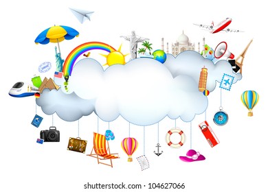 illustration of travel object with famous monument around cloud