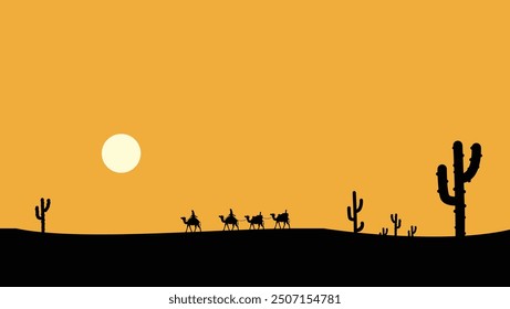 illustration of travel silhouette in middle eastern desert with camel katus tree and sunset
