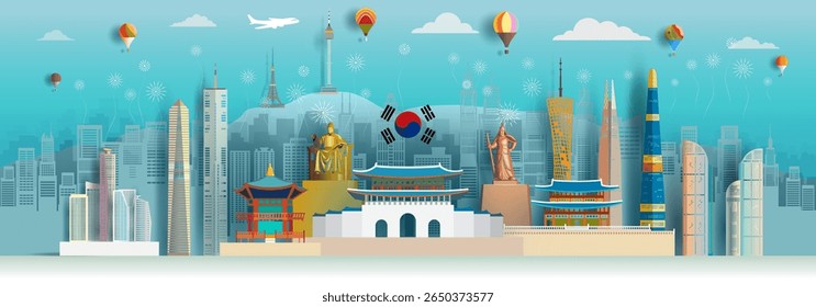 Ilustração viagem aniversário e celebração do dia da independência da Coreia do Sul. Passeie por pontos de referência da Coreia do Sul com arquitetura de fundo, Viaje de marco para seul na Ásia com panorama com vista.