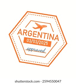 Illustration of a travel stamp featuring a hexagonal shape with the word Argentina, an airplane icon, the date 03 03 2025, and the word approved in blue.
