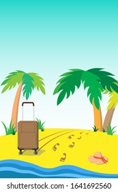 Illustration A travel suitcase stands on a yellow sand beach next to the blue sea on a background of palm trees. Nearby footprints in the sand and a thrown hat. For magazine, web site, travel agencies