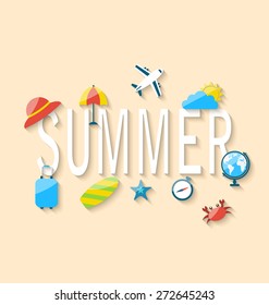 Illustration Travel Summer Background with Tourism Objects and Equipments, Colorful Flat Icons with Long Shadows - Vector