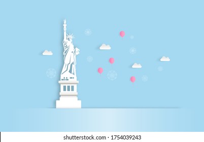 Illustration of  travel in USA with Pink balloon and place for your text space. Statue of liberty USA in beautiful day. paper cut and craft style. vector, illustration.