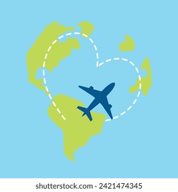 Illustration of travel, vacation, flight. Route sign, flight in the form of a heart with a dash line trace. Suitable for banner, card, sticker, social media post, poster. EPS10
