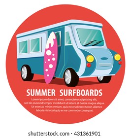 illustration Travel the world by car color blue. Funny retro car and surfboard. Travel around sea in summer.