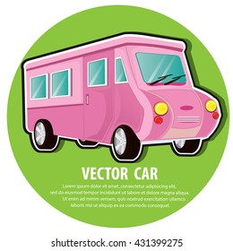 illustration Travel the world by car color pink. Funny retro car. Travel around  in summer.