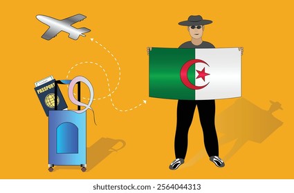 Illustration of a traveler holding the Algerian flag with luggage and a passport, symbolizing adventure and patriotism, with an airplane flying overhead. Vector EPS Available for Algeria tour