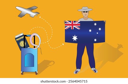 Illustration of a traveler holding the Australian flag with luggage and a passport, symbolizing adventure and patriotism, with an airplane flying overhead. Vector EPS Available for Australia tour