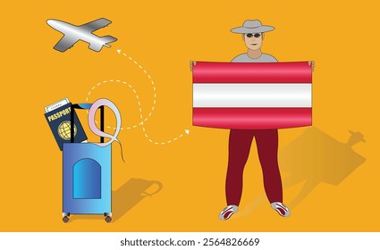 Illustration of a traveler holding the Austrian flag with luggage and a passport, symbolizing adventure and patriotism, with an airplane flying overhead. Vector EPS Available for Austria tour