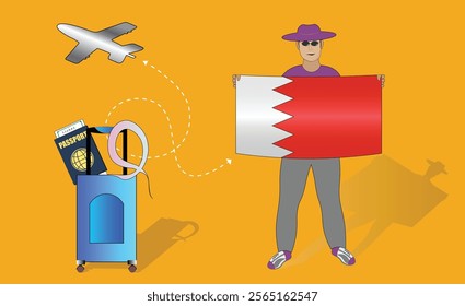 Illustration of a traveler holding the Bahraini flag with luggage and a passport, symbolizing adventure and patriotism, with an airplane flying overhead. Vector EPS Available for Bahrain tour