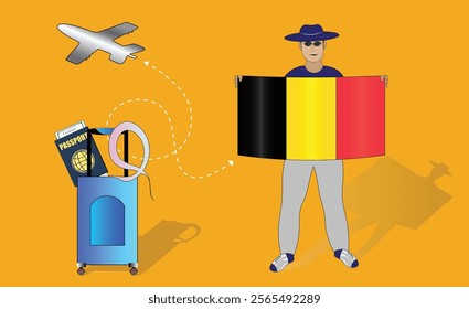 Illustration of a traveler holding the Belgium flag with luggage and a passport, symbolizing adventure and patriotism, with an airplane flying overhead. Vector EPS Available for Brussels tour