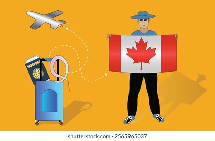 Illustration of a traveler holding the Canada flag with luggage and a passport, symbolizing adventure and patriotism, with an airplane flying overhead. Vector EPS Available for Canadian tour