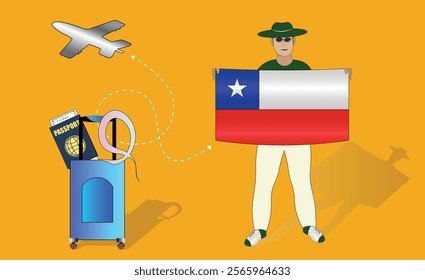 Illustration of a traveler holding the Chile flag with luggage and a passport, symbolizing adventure and patriotism, with an airplane flying overhead. Vector EPS Available for Chilean tour