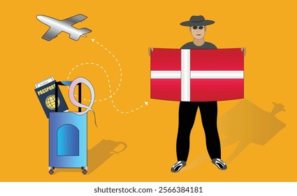 Illustration of a traveler holding the Denmark flag with luggage and a passport, symbolizing adventure and patriotism, with an airplane flying overhead. Vector EPS Available for Copenhagen tour