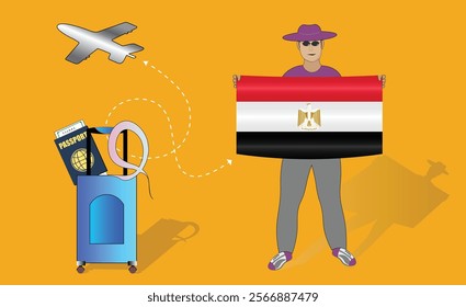 Illustration of a traveler holding the Egypt flag with luggage and a passport, symbolizing adventure and patriotism, with an airplane flying overhead. Vector EPS Available for Egyptian tour