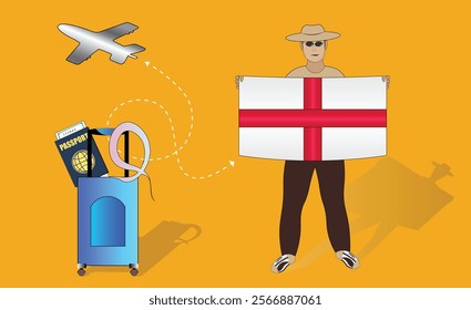 Illustration of a traveler holding the England flag with luggage and a passport, symbolizing adventure and patriotism, with an airplane flying overhead. Vector EPS Available for Britain tour