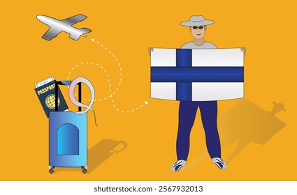 Illustration of a traveler holding the Finland flag with luggage and a passport, symbolizing adventure and patriotism, with an airplane flying overhead. Vector EPS Available for Finns tour