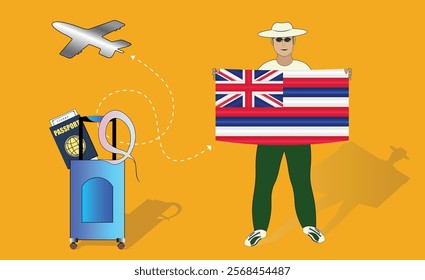 Illustration of a traveler holding the Hawaii flag with luggage and a passport, symbolizing adventure and patriotism, with an airplane flying overhead. Vector EPS Available for Aloha tour