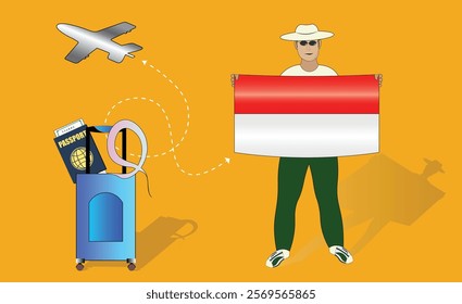 Illustration of a traveler holding the Indonesia flag with luggage and a passport, symbolizing adventure and patriotism, with an airplane flying overhead. Vector EPS Available for Indonesian tour