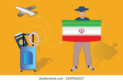 Illustration of a traveler holding the Iran flag with luggage and a passport, symbolizing adventure and patriotism, with an airplane flying overhead. Vector EPS Available for Irani tour