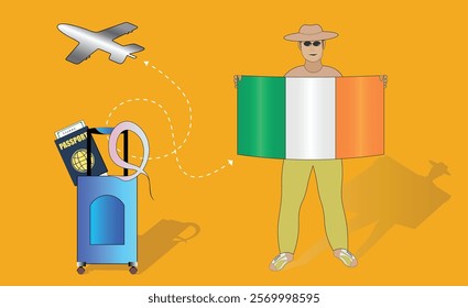 Illustration of a traveler holding the Ireland flag with luggage and a passport, symbolizing adventure and patriotism, with an airplane flying overhead. Vector EPS Available for Irish tour