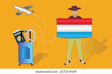 Illustration of a traveler holding the Luxembourg flag with luggage and a passport, symbolizing adventure and patriotism, with an airplane flying overhead. Vector EPS Available for Luxembourgish tour