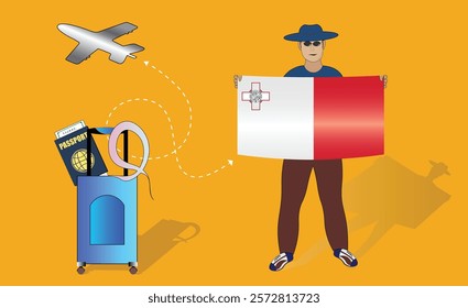 Illustration of a traveler holding the Malta flag with luggage and a passport, symbolizing adventure and patriotism, with an airplane flying overhead. Vector EPS Available for Malta tour