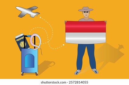 Illustration of a traveler holding the Monaco flag with luggage and a passport, symbolizing adventure and patriotism, with an airplane flying overhead. Vector EPS Available for Ville tour