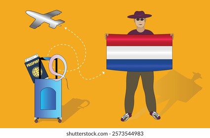Illustration of a traveler holding the Netherlands flag with luggage and a passport, symbolizing adventure and patriotism, with an airplane flying overhead. Vector EPS Available for Holland tour
