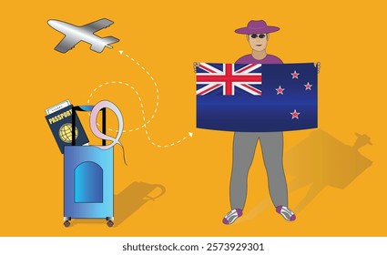 Illustration of a traveler holding the New Zealand flag with luggage and a passport, symbolizing adventure and patriotism, with an airplane flying overhead. Vector EPS Available for NZ tour